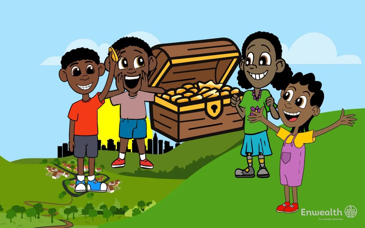 Four cartoon children from Wisekids Adventures, cheering around an open treasure chest of gold coins on a green hillside.
